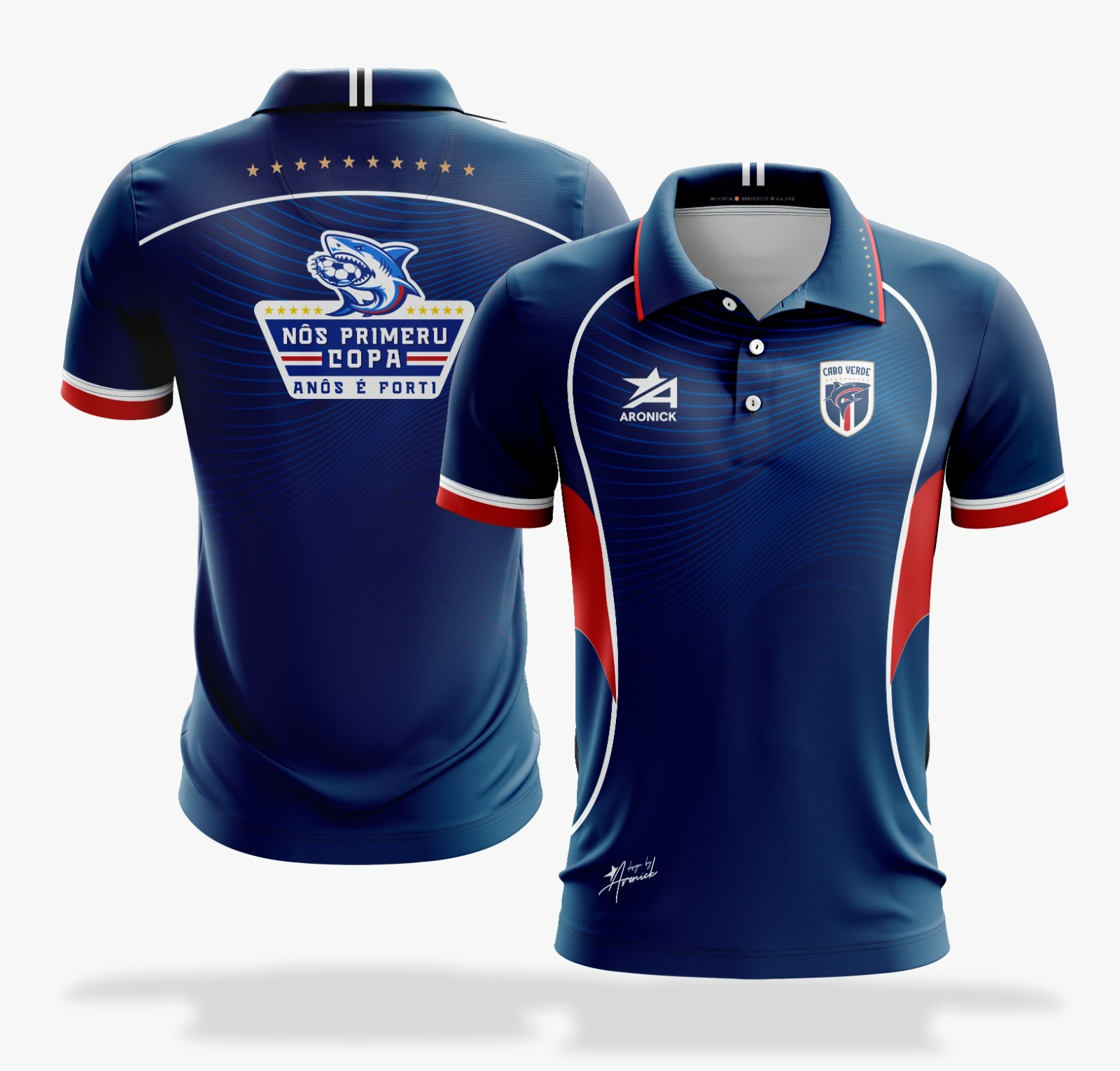 Polo desportivo azul com logotipos e texto em frente e costas