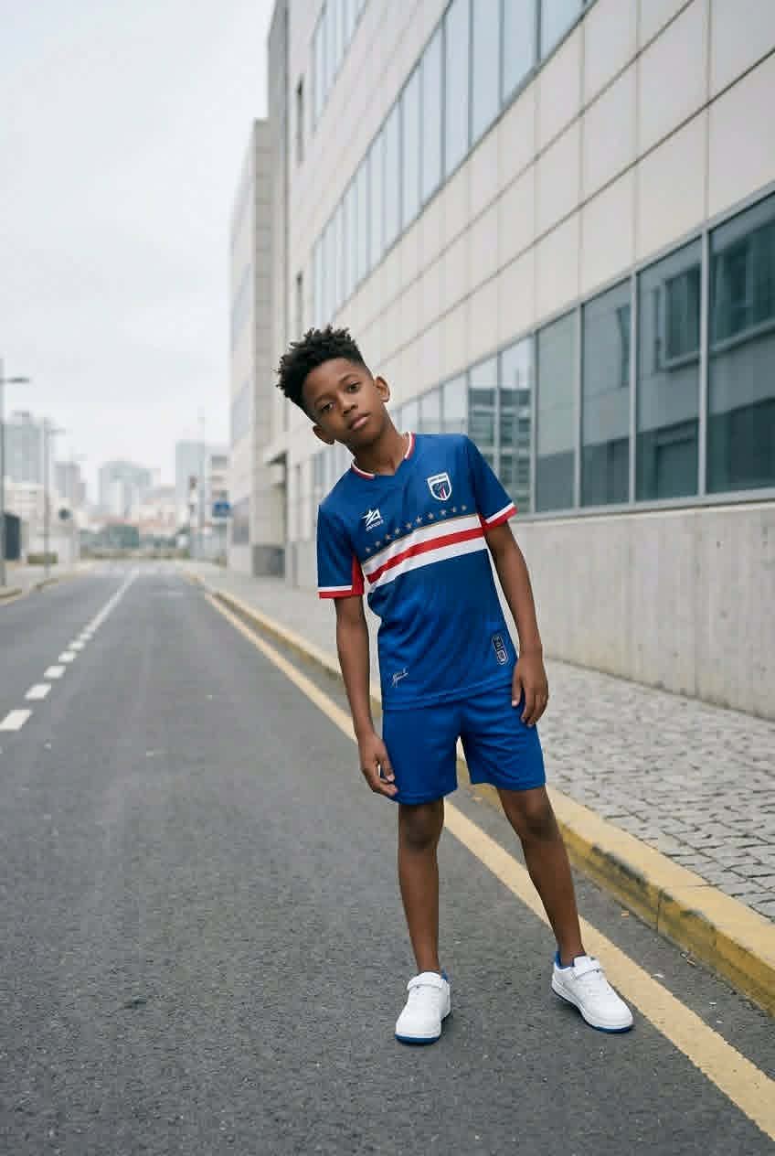 Menino com roupa desportiva azul em estrada ao lado de edifício com janelas
