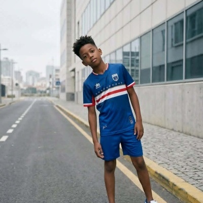 Menino com roupa desportiva azul em estrada ao lado de edifício com janelas