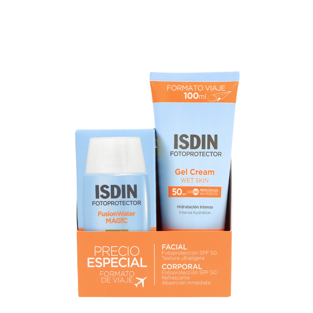 Isdin - Pack Isdin Fotoprotector FusionWater Magic SPF50 + Gel-Creme Wet Skin SPF50 Dois produtos de proteção solar ISDIN em embalagem azul clara e suporte laranja com texto.