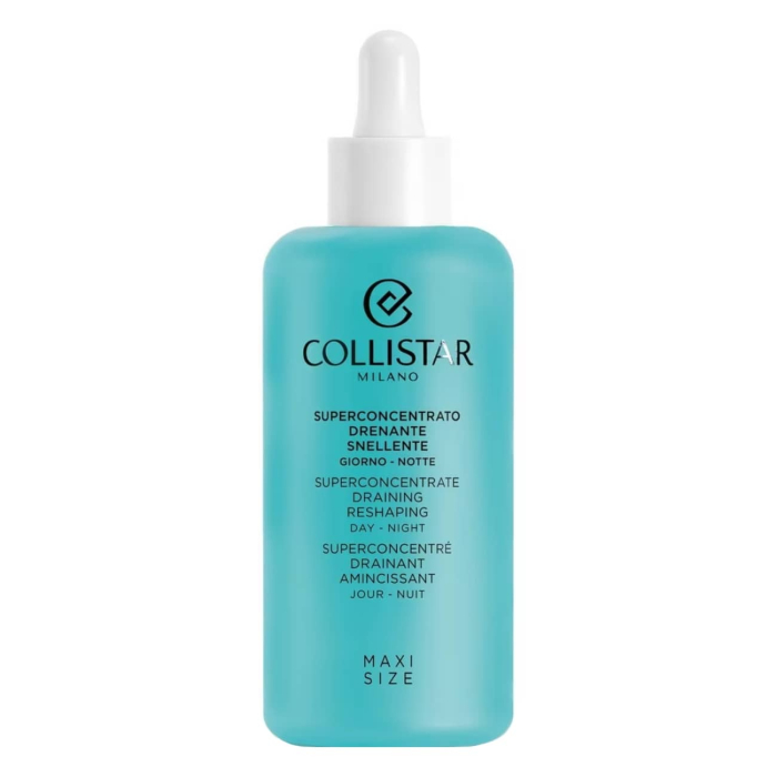 Frasco azul turquesa com conta-gotas branco da Collistar com texto em várias línguas