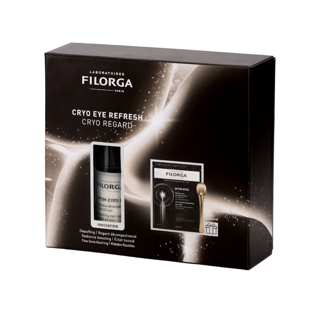 Filorga - Coffret Optim-Eyes Cryo Caixa preta brilhante com frasco e aplicador de cosmético da Filorga.