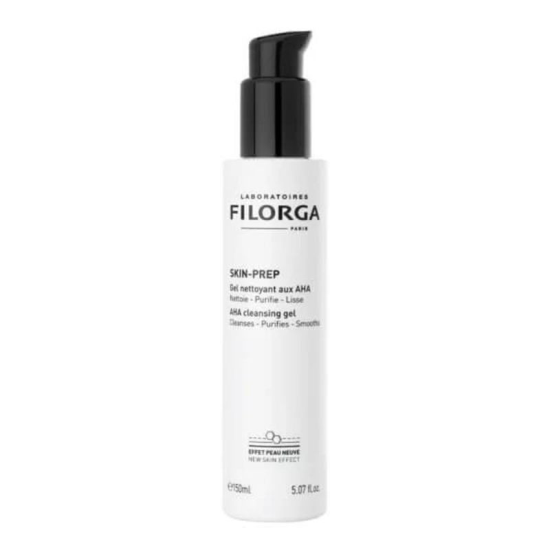 Filorga - Skin-Prep Gel de Limpeza com AHA 150ml Frasco branco com doseador preto do gel FILORGA AHA em fundo branco