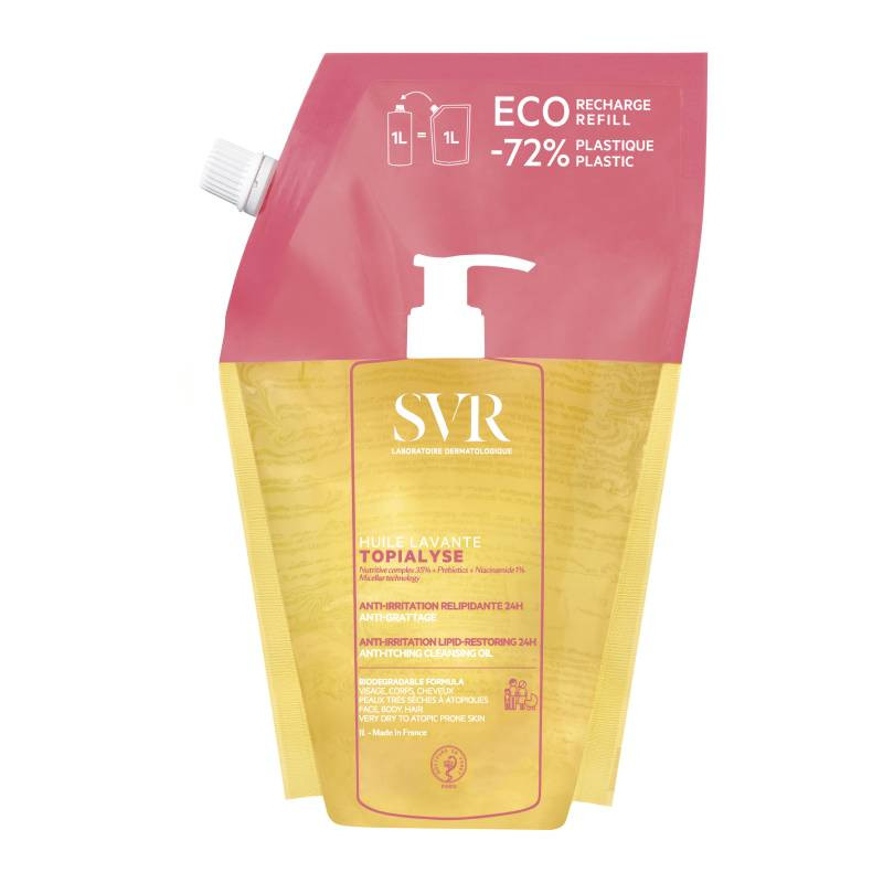 SVR - Topialyse Óleo Lavante Eco-Refill 1L Embalagem de recarga SVR Topialyse com dispensador em rosa e amarelo
