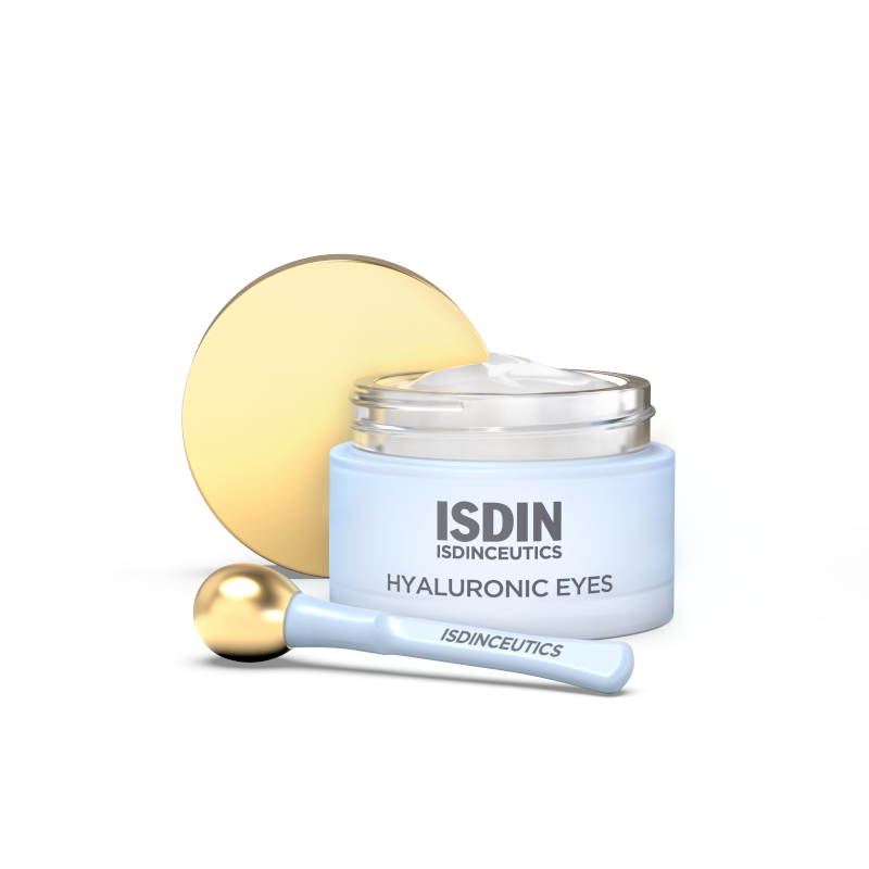 Isdinceutics - Hyaluronic Eyes Contorno de Olhos Antifadiga Frasco azul claro de creme para olhos ISDIN com tampa dourada e aplicador