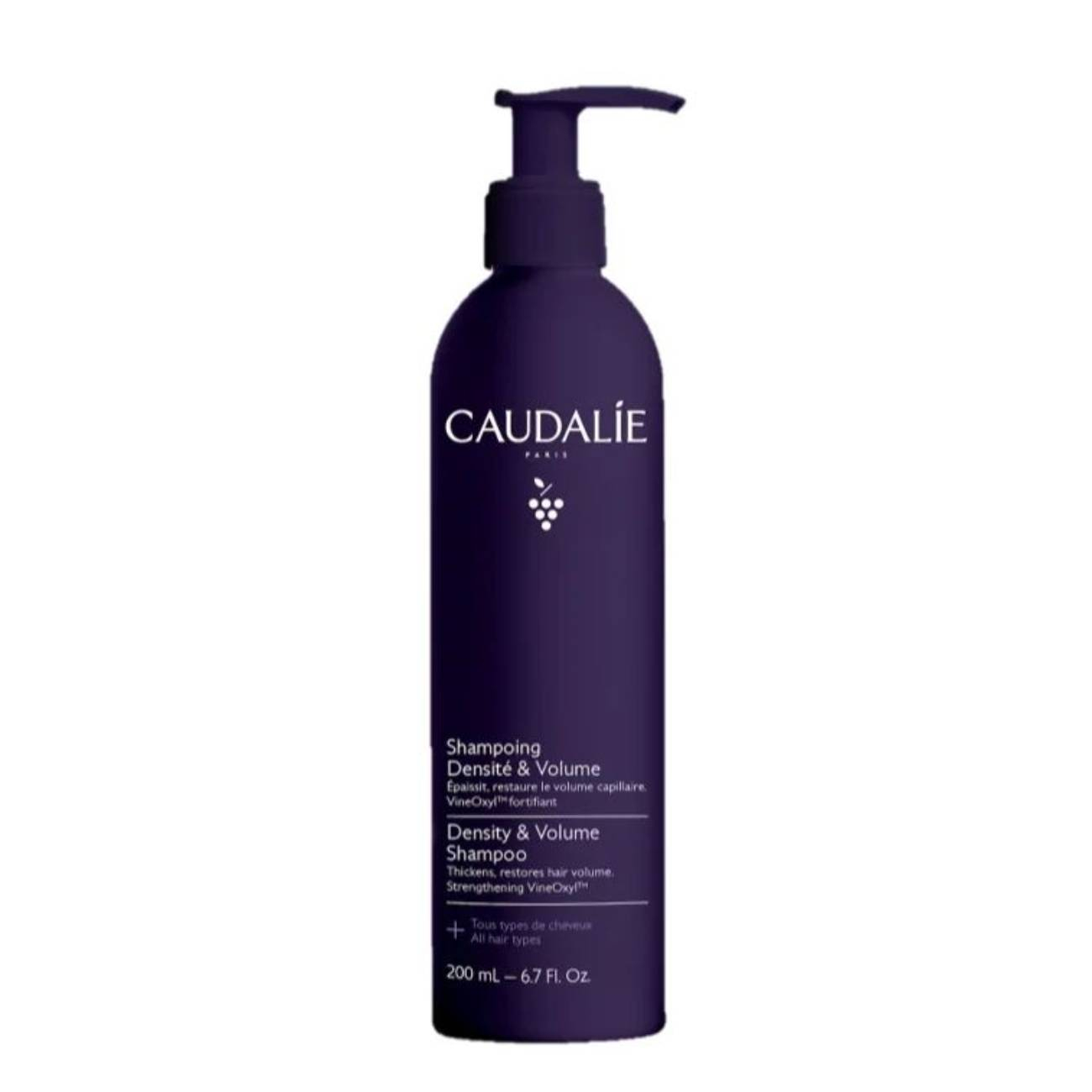 Caudalie - Shampoo Densidade & Volume 200ml Frasco de champô CAUDALIE roxo escuro com texto branco e dispensador