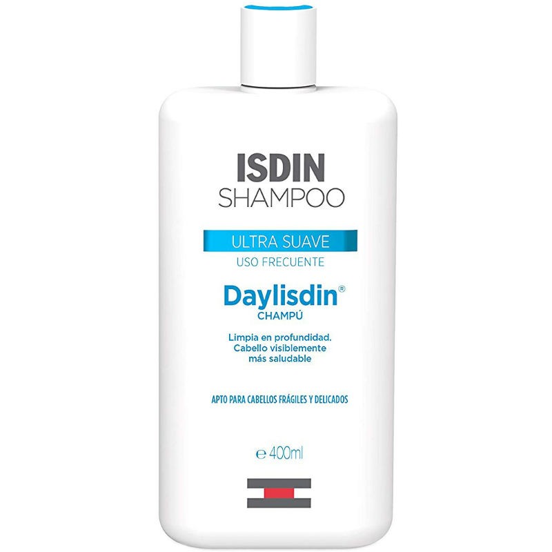 Isdin - Daylisdin Champô Ultra Suave Uso Frequente 400ml Frasco branco de champô ISDIN Daylisdin 400ml com texto azul e cinzento