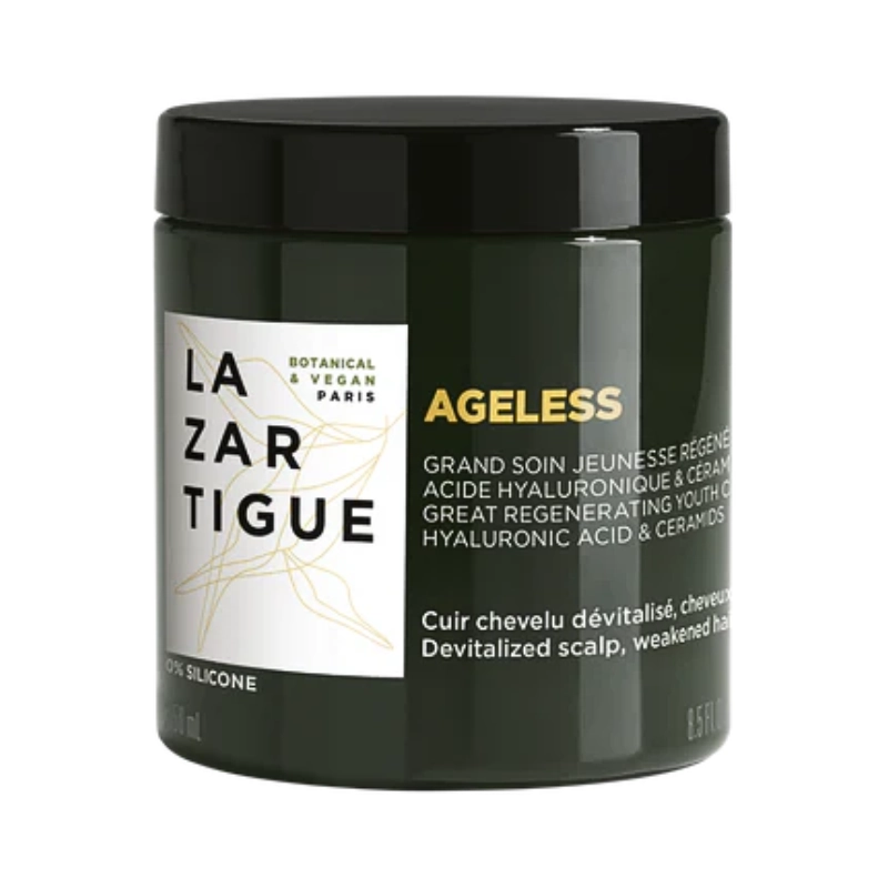 Lazartigue - Ageless Máscara Capilar Antienvelhecimento 250ml Frasco cosmético verde escuro com tampa preta e rótulo branco e dourado