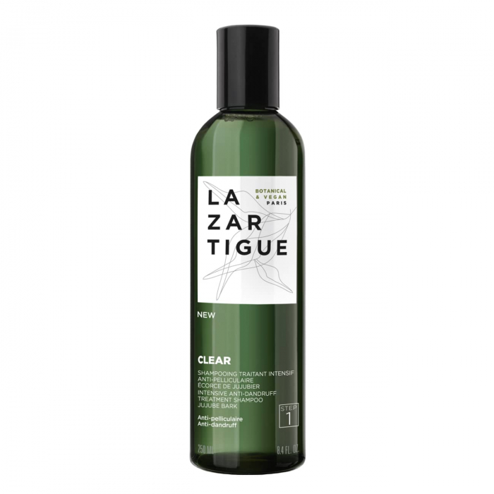 Lazartigue - Champô Clear Fase 1 Anticaspa Intensivo 250ml Frasco verde escuro com tampa preta e rótulo branco com texto preto LAZARTIGUE
