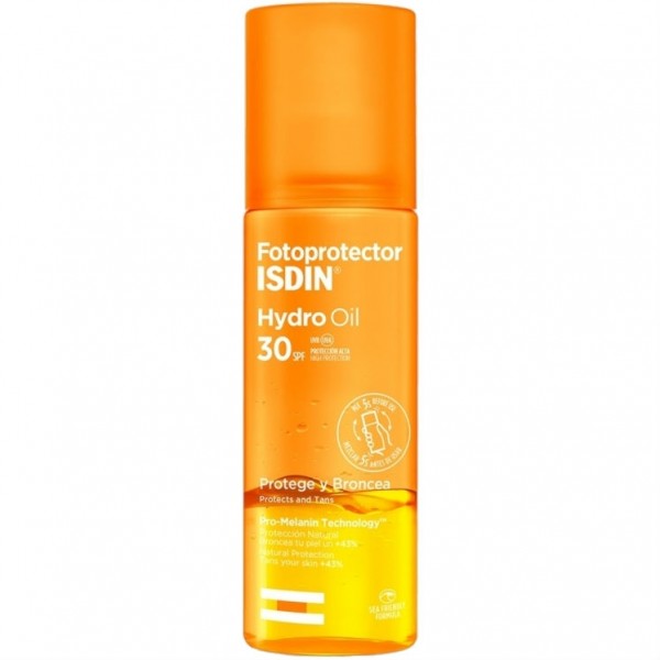 Frasco de fotoprotetor ISDIN Hydro Oil SPF 30 laranja com texto branco e amarelo
