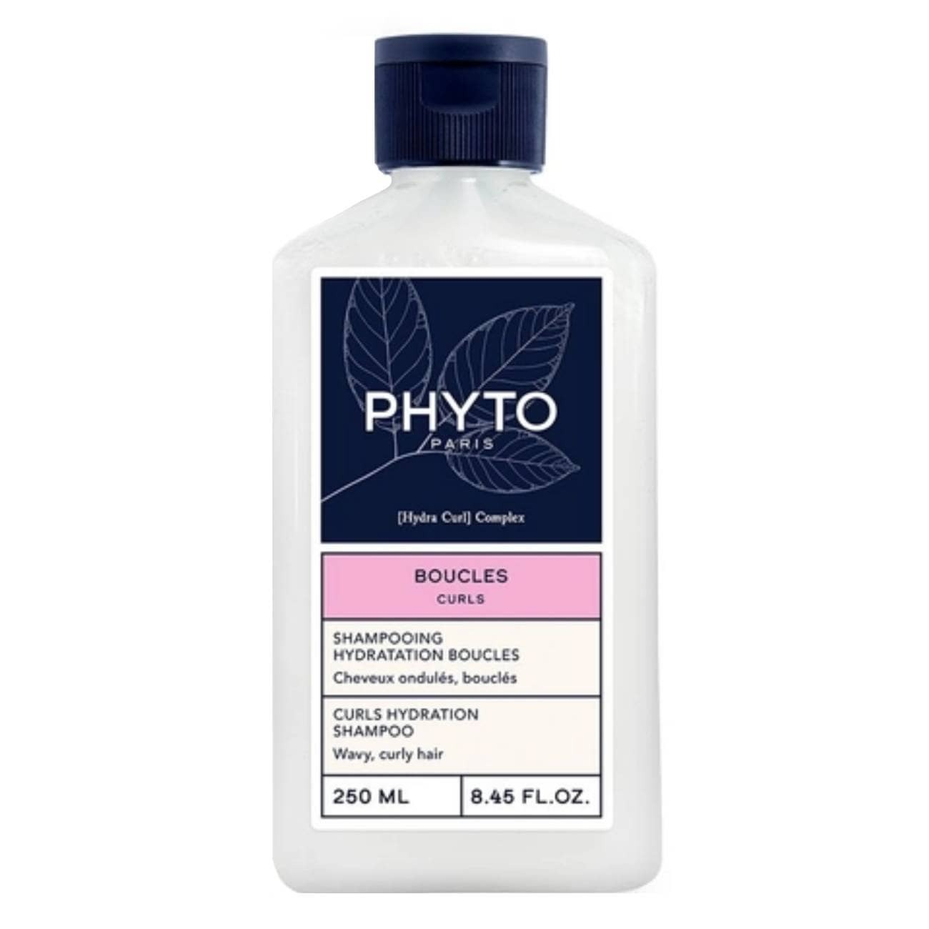 Phyto - Curls Champô Hidratação de Caracóis 250ml Frasco branco de shampoo Phyto Paris com tampa azul e rótulo com folhas