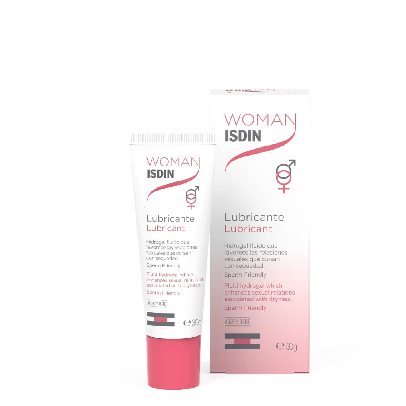 Isdin - Woman Lubrificante Gel 30g Frasco e caixa de lubrificante ISDIN WOMAN em branco e rosa