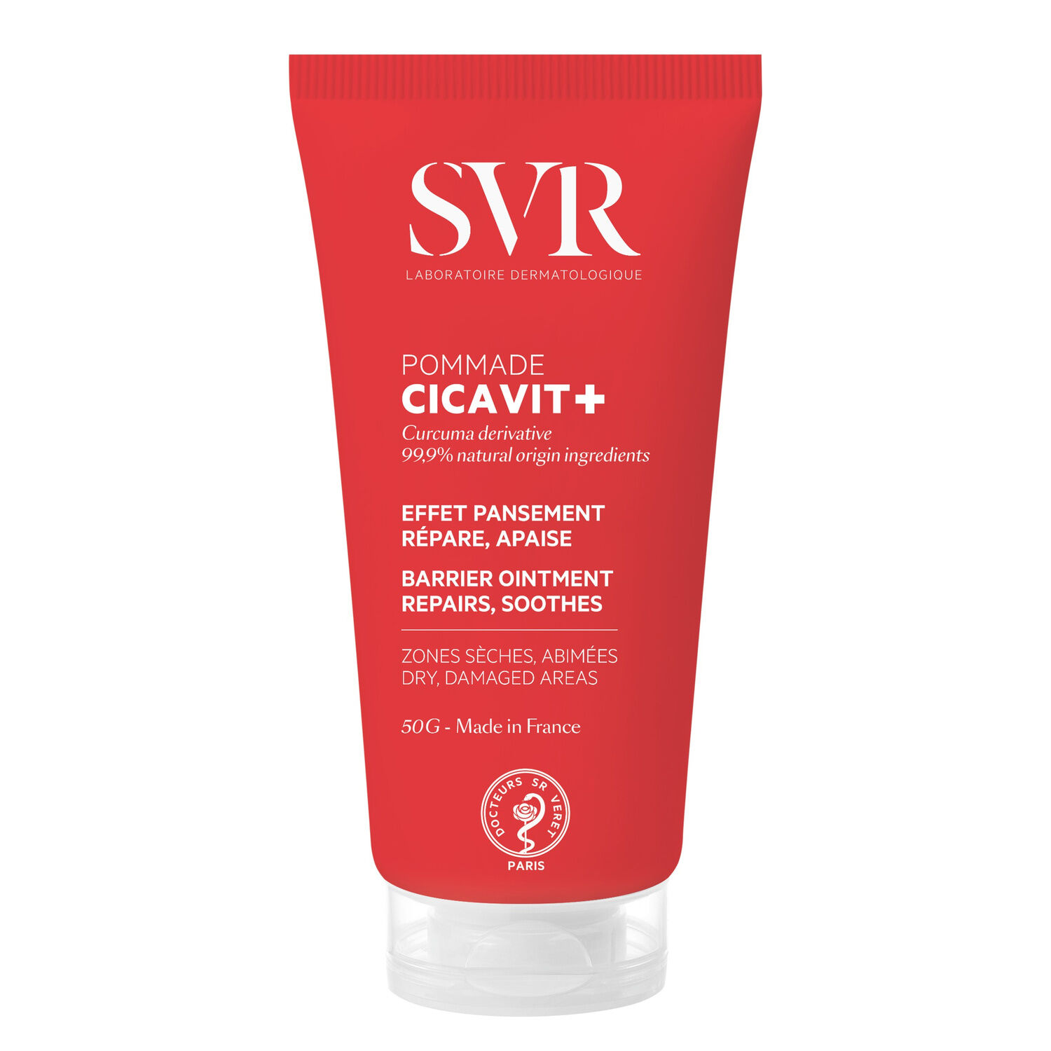 SVR - Cicavit+ Pomada 50g Tubo vermelho de creme SVR Pommade Cicavit+ com texto informativo em branco e tampa transparente