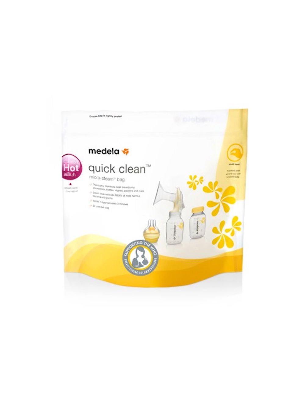 Medela - Saco de Esterilização Quick Clean x 5 unid. Sacos Quick Clean Medela para esterilização a vapor micro-steam em embalagem branca e amarela