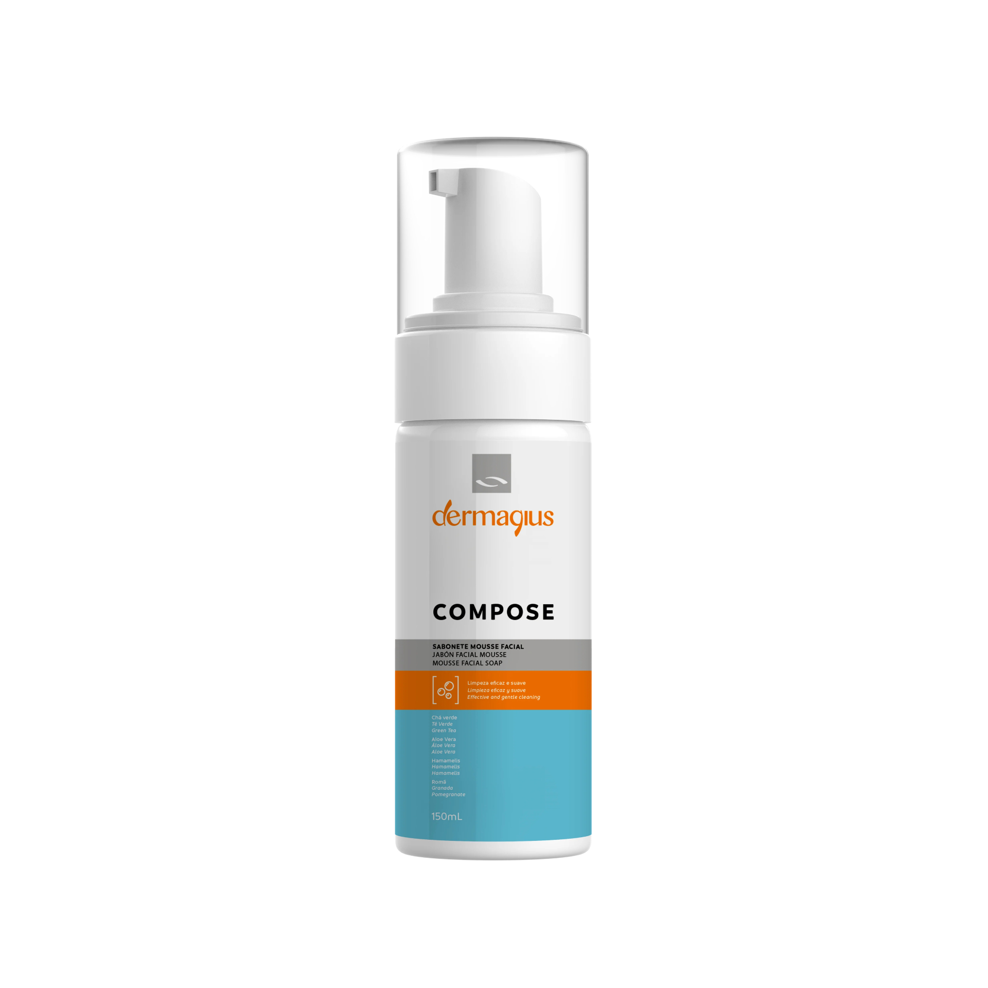 Dermagius - Compose Sabonete Mousse Facial 150ml Frasco de espuma dermagris COMPOSE com tampa transparente e rótulo laranja e azul