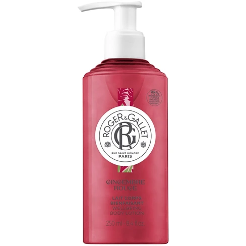 Roger&Gallet - Gingembre Rouge Leite de Corpo de Bem-Estar 250ml Frasco vermelho com tampa de bomba branca e rótulo redondo da marca Roger & Gallet