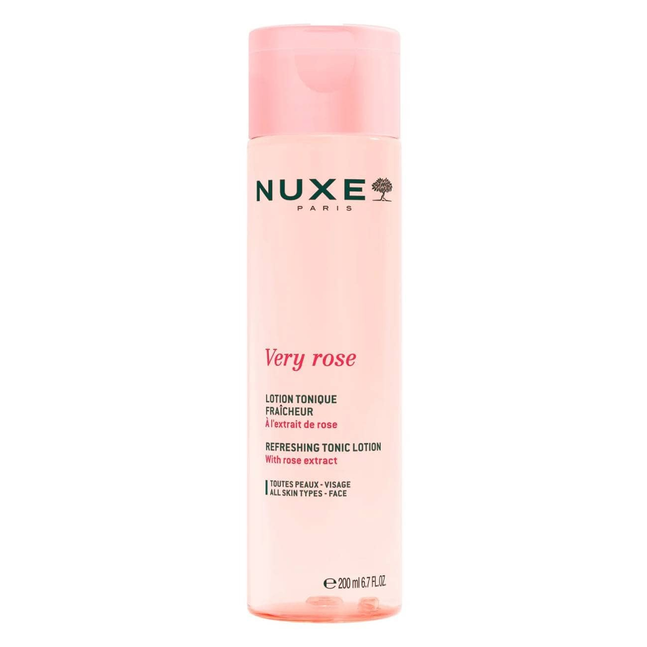 Nuxe - Very Rose Loção Tónica Refrescante 200ml Frasco rosa translúcido de loção tónica Very rose da NUXE Paris