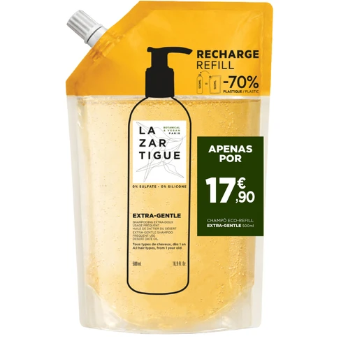 Lazartigue - Champô Extra Suave Refill 500 ml Recarga de champô LAZARTIGUE Extra-Gentle amarela transparente com tampa branca