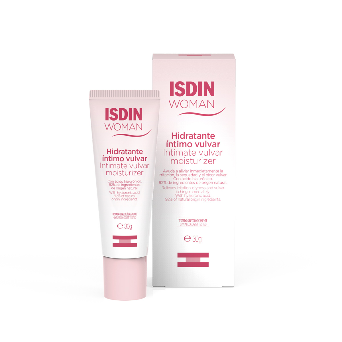 Isdin - Woman Hidratante Vulvar 30gr Creme hidratante íntimo vulvar ISDIN Woman em embalagem branca com texto rosa e vermelho
