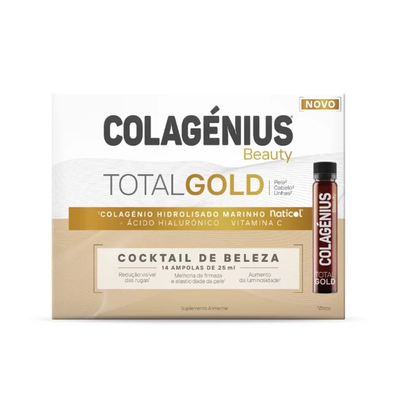 Colagénius - Beauty Total Gold 25ml (x14 ampolas) Embalagem de suplemento Colagénius Beauty Total Gold com ampola e texto descritivo