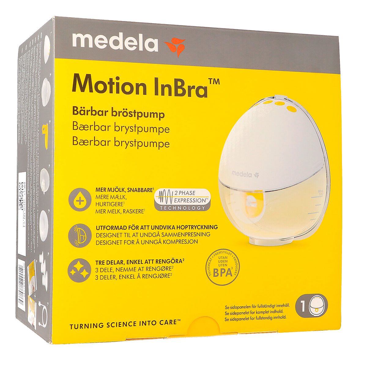 Medela - Motion Inbra Extrator Leite Portátil Simples Embalagem da bomba de leite portátil Medela Motion InBra em amarelo e cinza