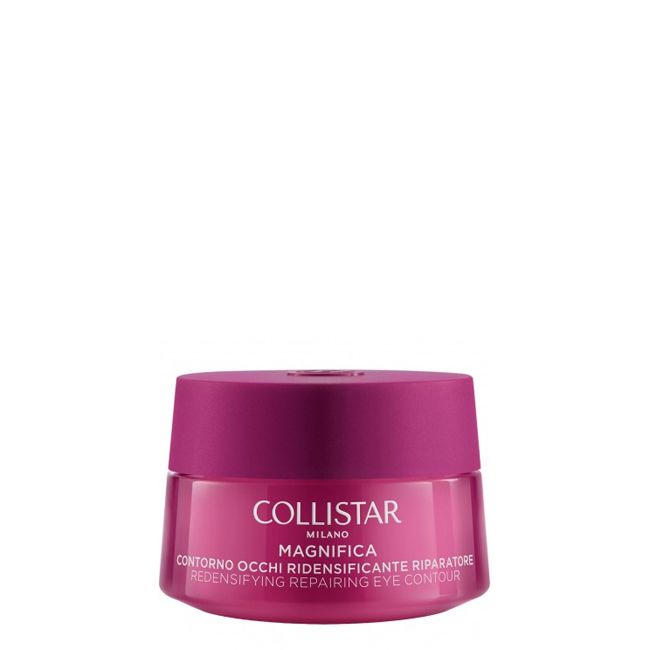 Frasco rosa de creme Collistar para contorno de olhos com texto branco
