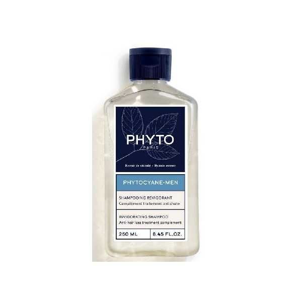 Phyto - Phytocyane Men Champô 250ml Frasco de champô transparente com tampa azul e rótulo azul com folhas