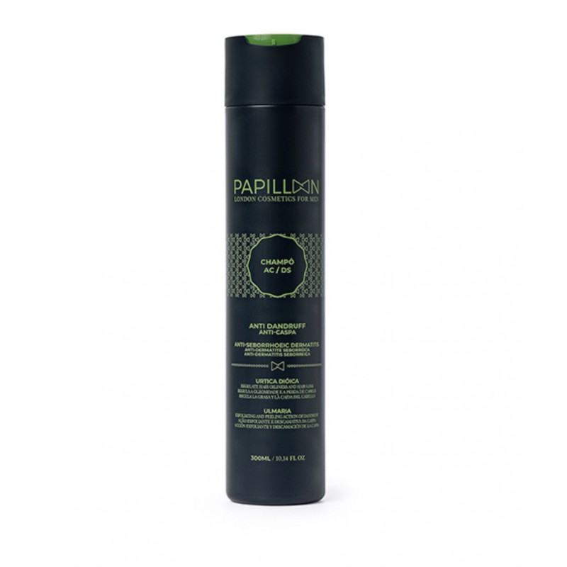 Papillon - Champô Ac/Dc Anti-Caspa 300ml Frasco preto de champô Papillon anti-caspa 300 ml com tampa verde
