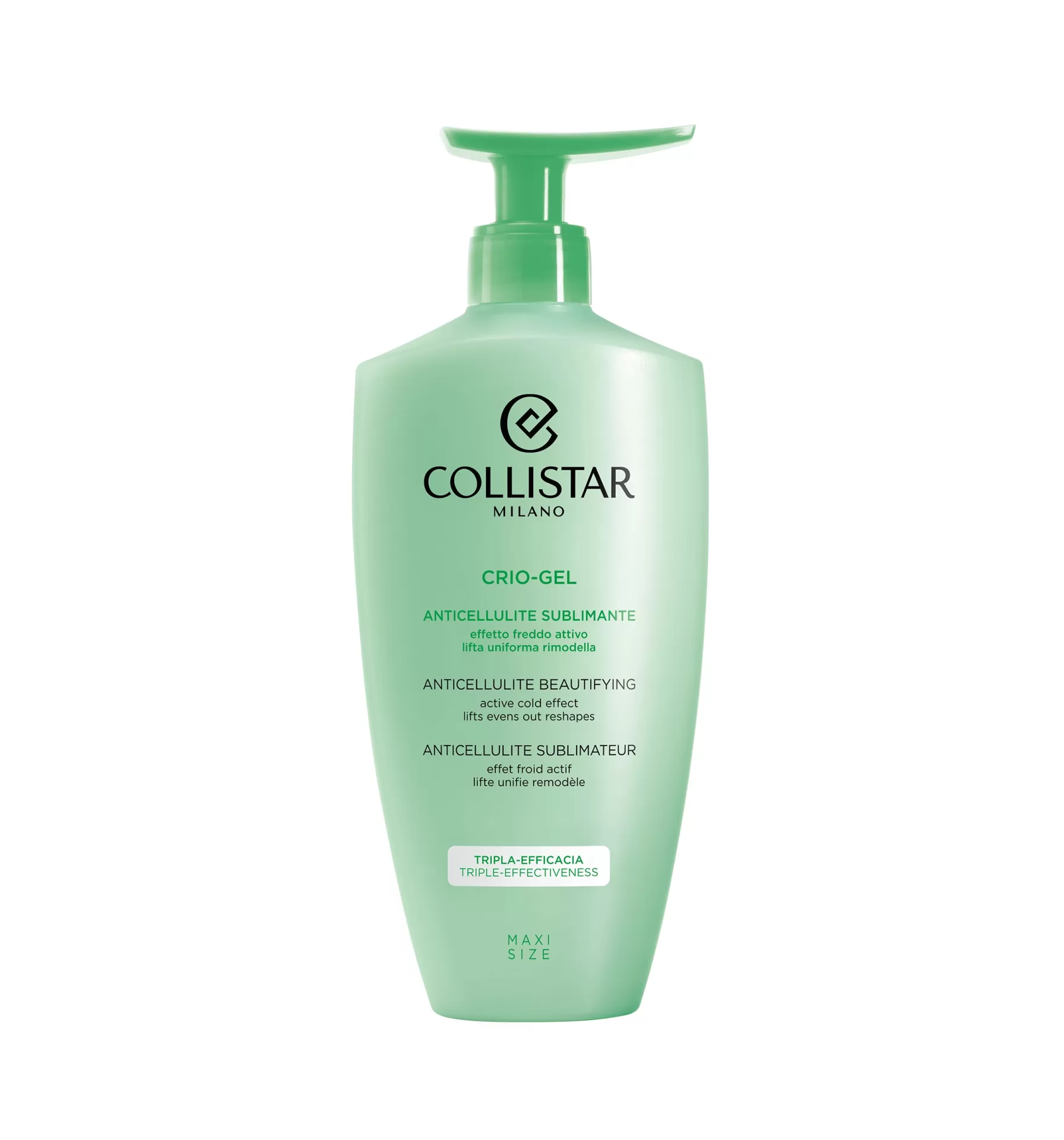 Collistar - Crio-Gel Anti-Celulite Sublimador 400ml Frasco verde translúcido de gel anticelulite Collistar Milano com tampa de bomba.
