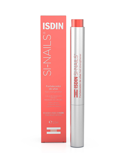 Isdin - Si-Nails Fortalecedor de Unhas 2,5ml Fortalecedor de unhas SI-NAILS ISDIN em embalagem coral e branca amostra a caneta e a caixa