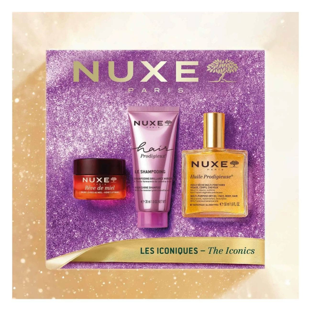 Nuxe - Coffret Bestseller Huile Prodigieuse Conjunto de três produtos NUXE Paris em embalagem roxa brilhante.