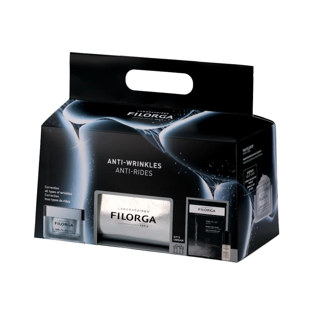 Filorga - Coffret Time-Filler 5XP Conjunto de produtos anti-rugas FILORGA Paris com embalagem preta e prateada