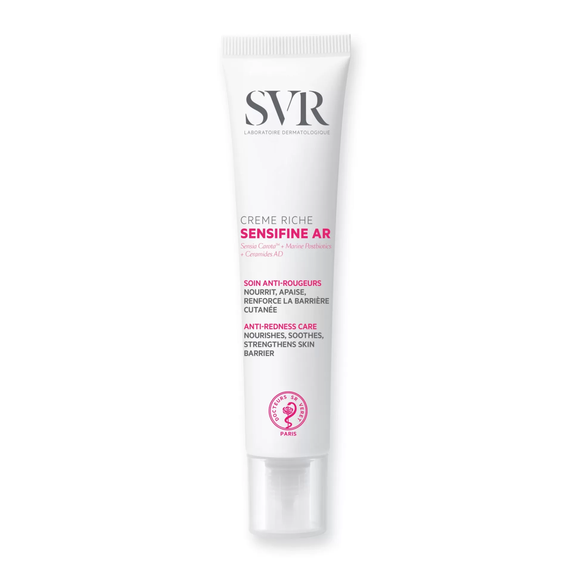 SVR - Sensifine AR Creme Rico Anti-Vermelhidão 40ml Tubo branco de creme SVR com texto em cinzento e rosa e tampa transparente