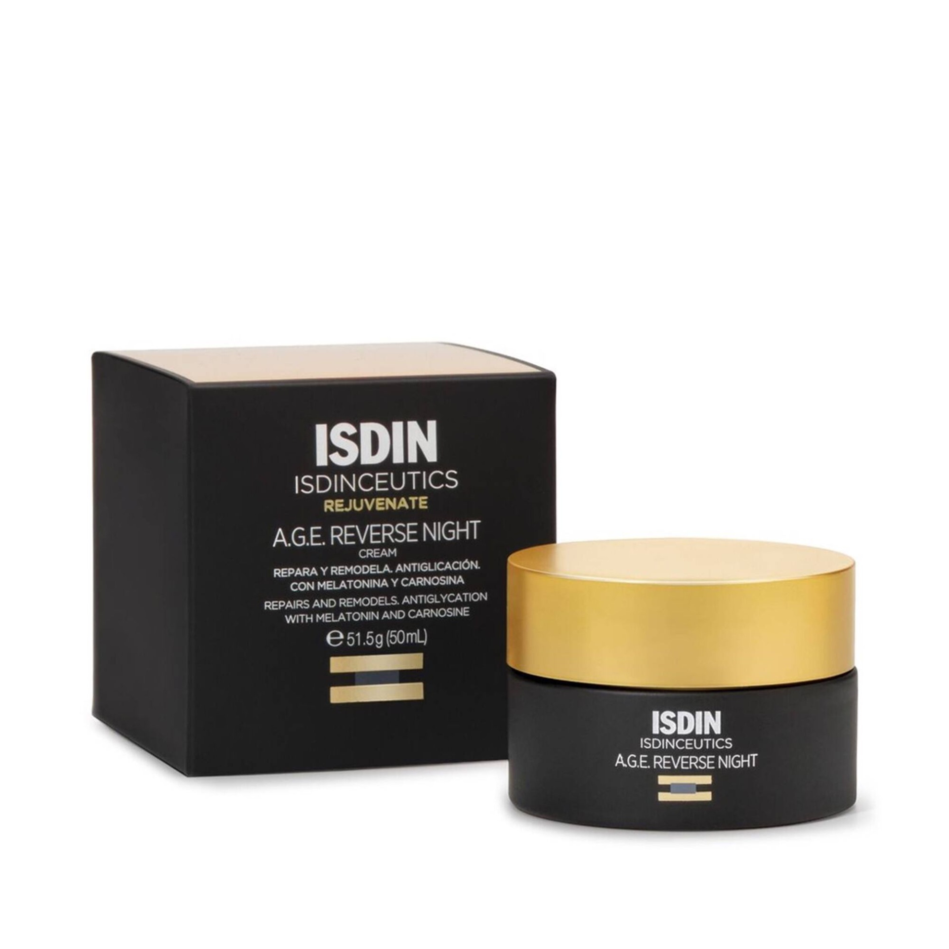 Isdin - Isdinceutics A.G.E. Reverse Night Creme Reparador de Noite 50ml Creme facial ISDIN ISDINCEUTICS A.G.E. REVERSE NIGHT com embalagem preta e tampa dourada