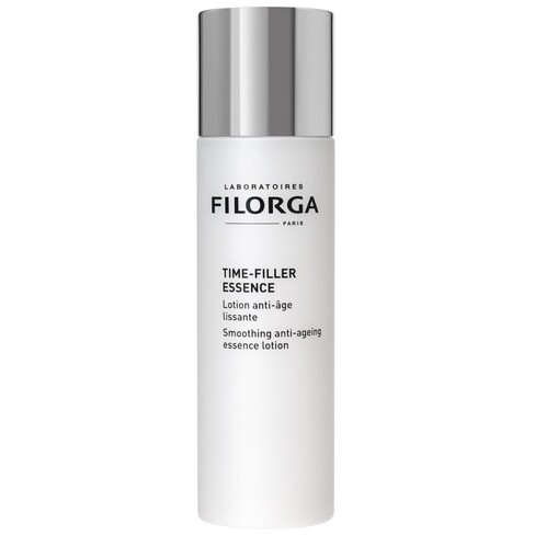 Filorga - Time-Filler Essence 150ml Frasco branco de essência anti-idade com tampa prateada e texto em preto.