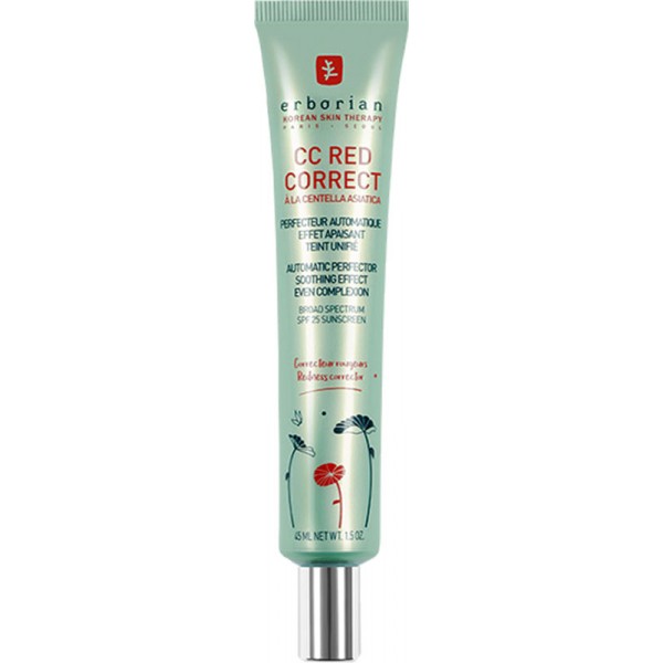 Erborian - CC Red Correct 45ml Tubo verde claro de creme CC RED CORRECT com tampa prateada e texto em vermelho e preto