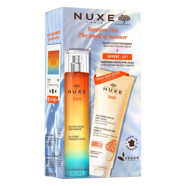 Nuxe - Sun Coffret Água Perfumada Oferta Gel Duche Conjunto de fragrância e creme Nuxe Sun em embalagem azul e branco com texto em castanho e laranja