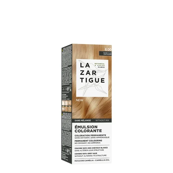 Lazartigue - Emulsão Colorante 8.00 Louro Claro 60ml Embalagem retangular bege e preta com texto da emulsão colorante Lazartigue 8.00