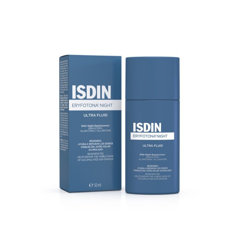 ISDIN - Eryfotona Night 50ml Frasco e embalagem azul do produto ISDIN ERYFOTONA NIGHT Ultra Fluid para cuidado da pele