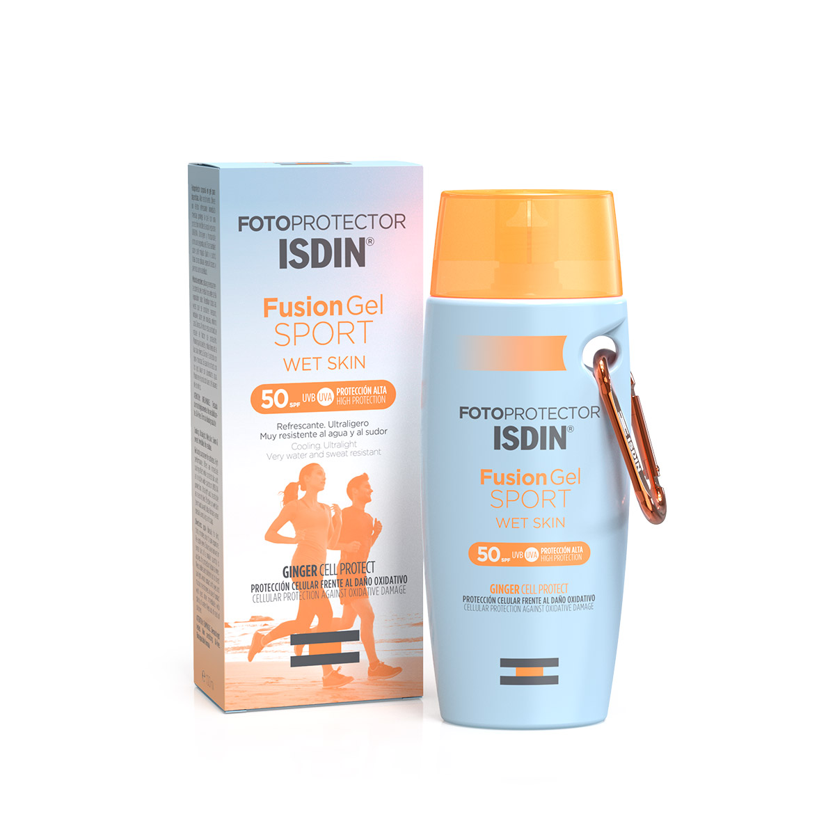 Isdin - Fotoprotetor Fusion Gel Sport SPF50+ 100ml Protetor solar ISDIN Fusion Gel Sport Wet Skin FPS 50+ com embalagem e frasco azul claro e laranja