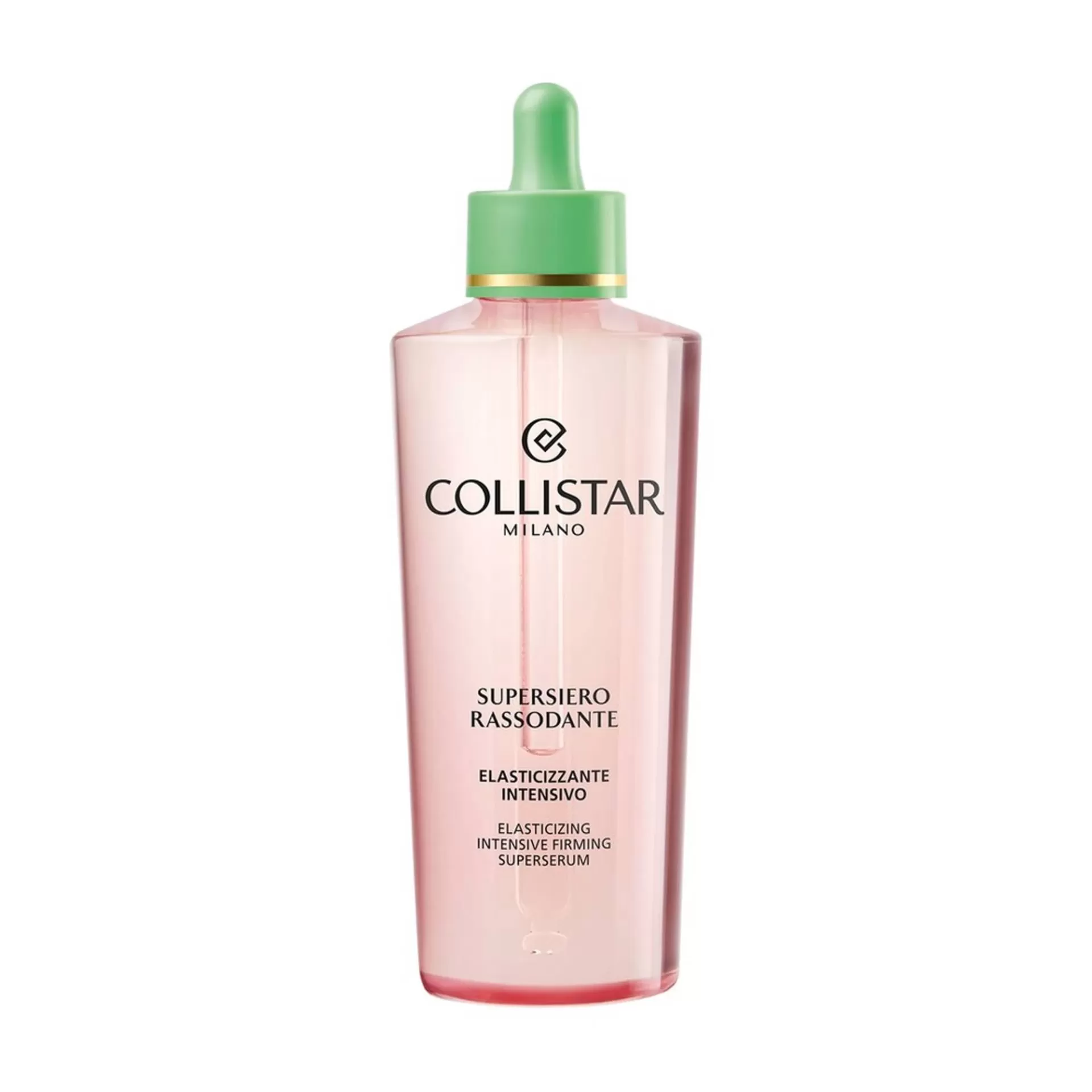 Collistar - Supersérum Firmeza e Elasticizante Intensivo 200ml Frasco de sérum rosa com conta-gotas verde e texto COLLISTAR MILANO