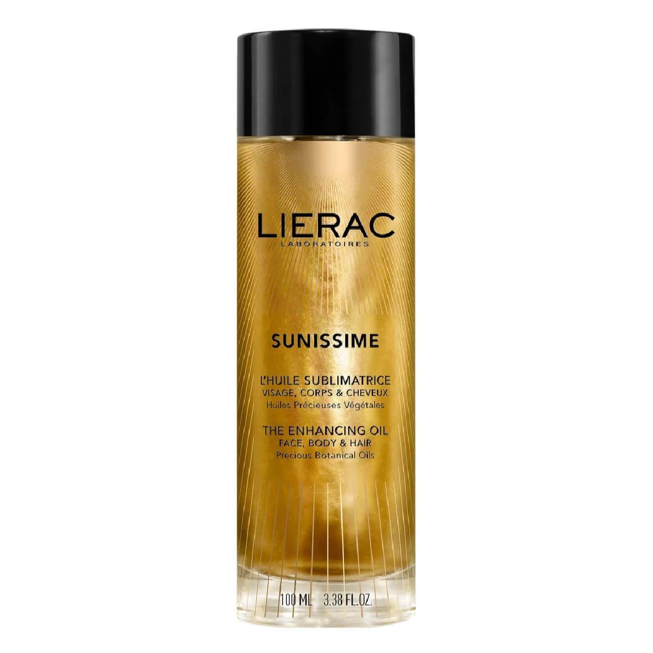Lierac - Sunissime O Óleo Sublimador 100ml Frasco de óleo dourado transparente com tampa preta e texto negro