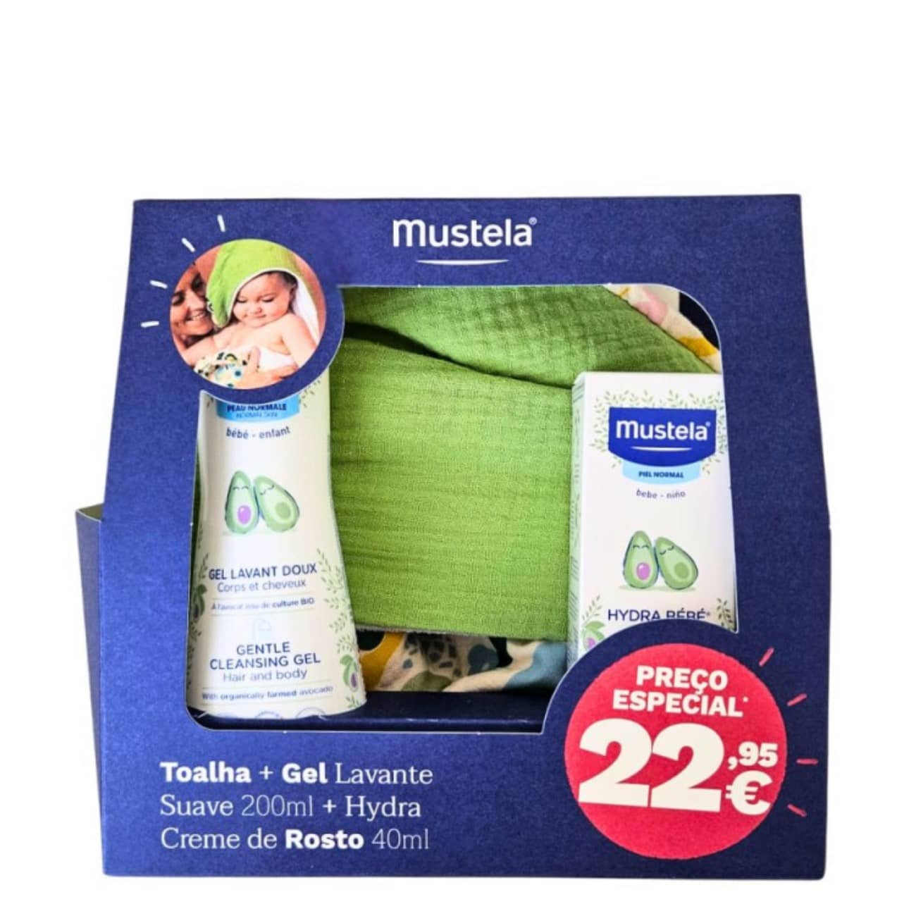 Mustela - Pack Gel Lavante + Creme Hydra Rosto + Oferta Toalha Pack Mustela com gel lavante, creme de rosto e toalha verde em embalagem azul