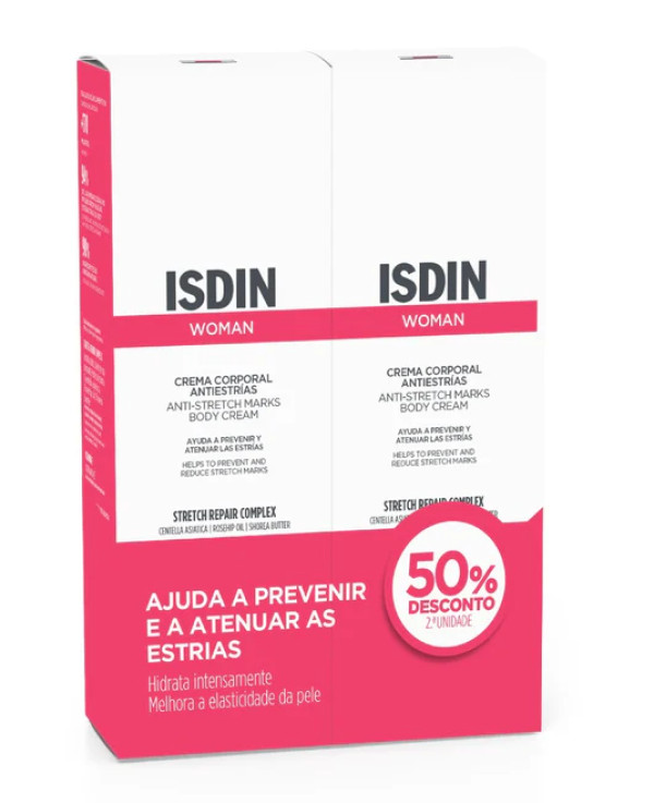 Isdin - Woman Duo Anti-estrias 2X250ml Embalagem dupla do creme corporal anti-estrias ISDIN WOMAN branca e rosa com texto promocional