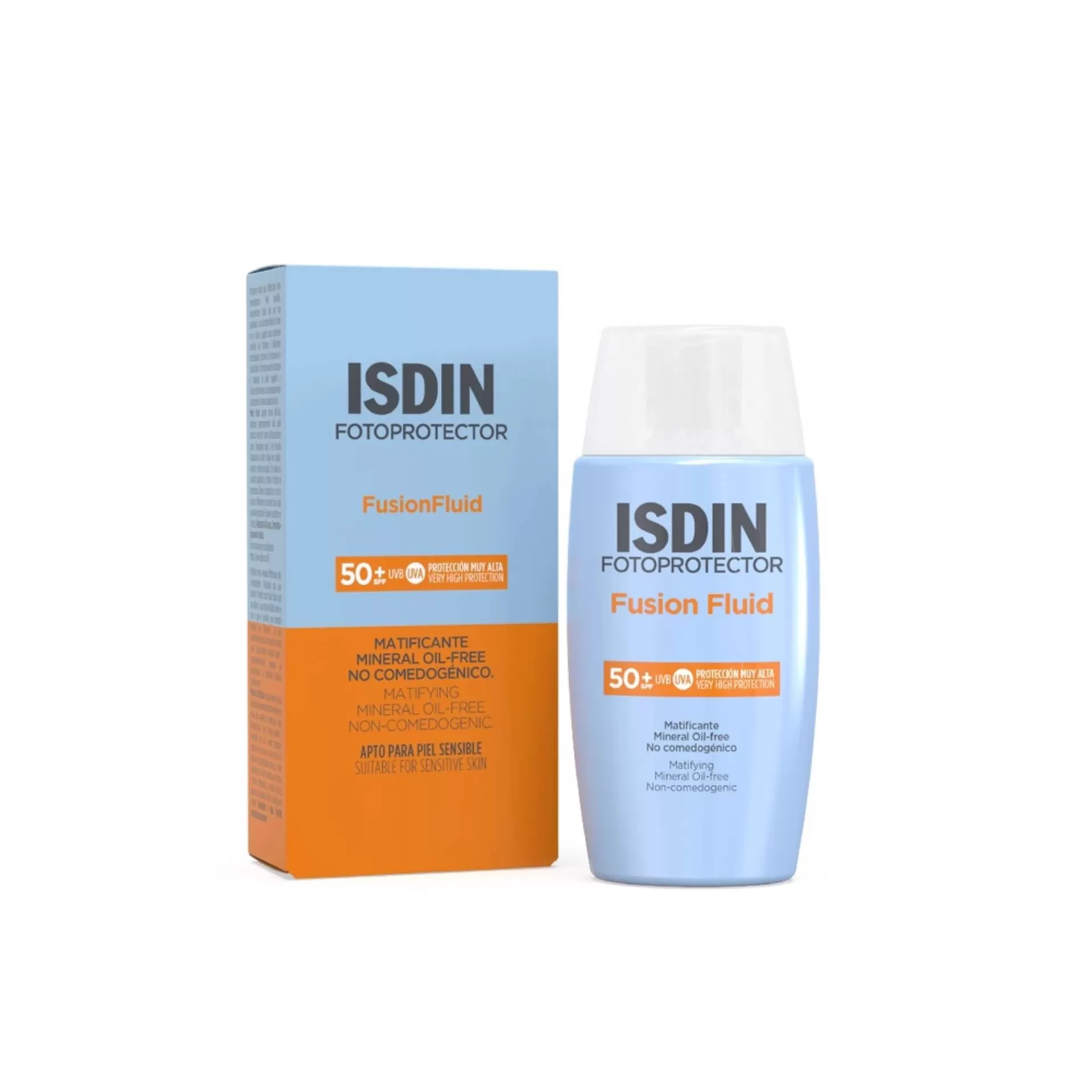 Isdin - Fotoprotetor Fusion Fluid SPF50+ 50ml Fotoprotetor ISDIN Fusion Fluid SPF 50+ em embalagem azul e caixa azul e laranja