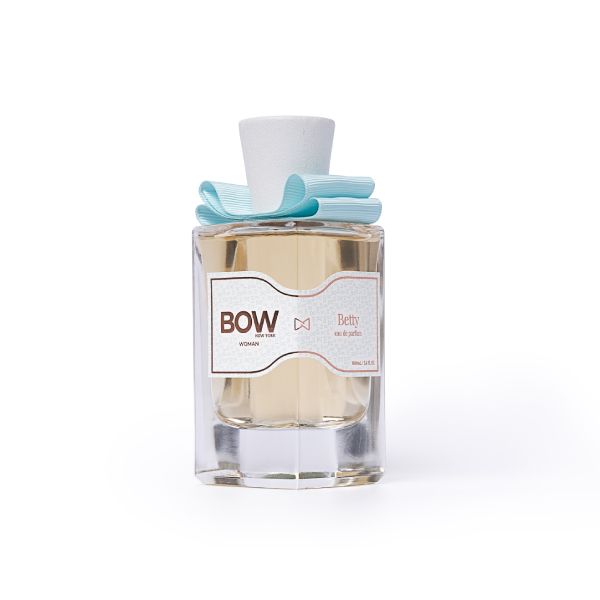 Bow Woman Eau de Parfum Betty 100ml Frasco de perfume de vidro com laço azul claro e rótulo branco
