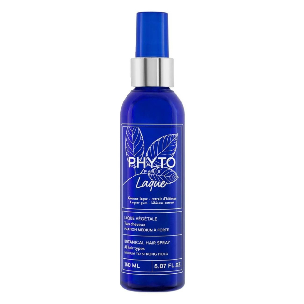 Phyto - Laque Végétal Laca Fixação Média a Forte 150ml Frasco azul escuro de spray capilar com rótulo branco.