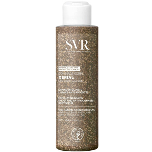 SVR - Xerial Esfoliante Corporal Em Grãos 100gr Frasco de esfoliante corporal SVR XERIAL com tampa branca e conteúdo com grânulos