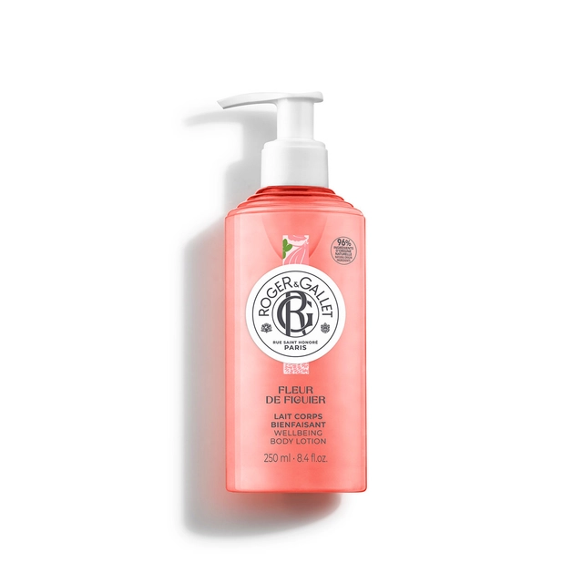 Roger&Gallet - Fleur de Figuier Leite de Corpo de Bem-Estar 250ml Frasco rosa translúcido Roger & Gallet Fleur de Figuier com doseador branco