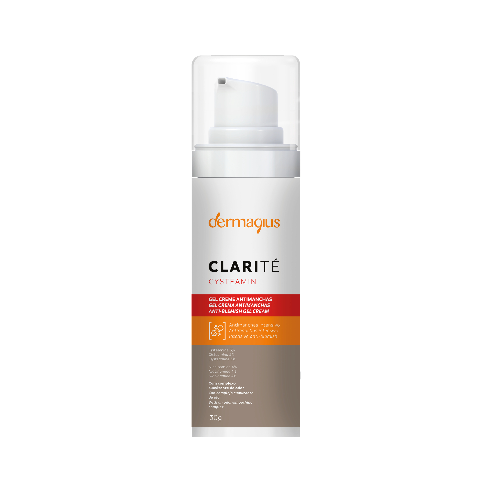 Dermagius - Clarité Cysteamin Gel-creme Antimanchas 30gr Frasco branco de gel creme antirrugas Dermagius Clarité com doseador